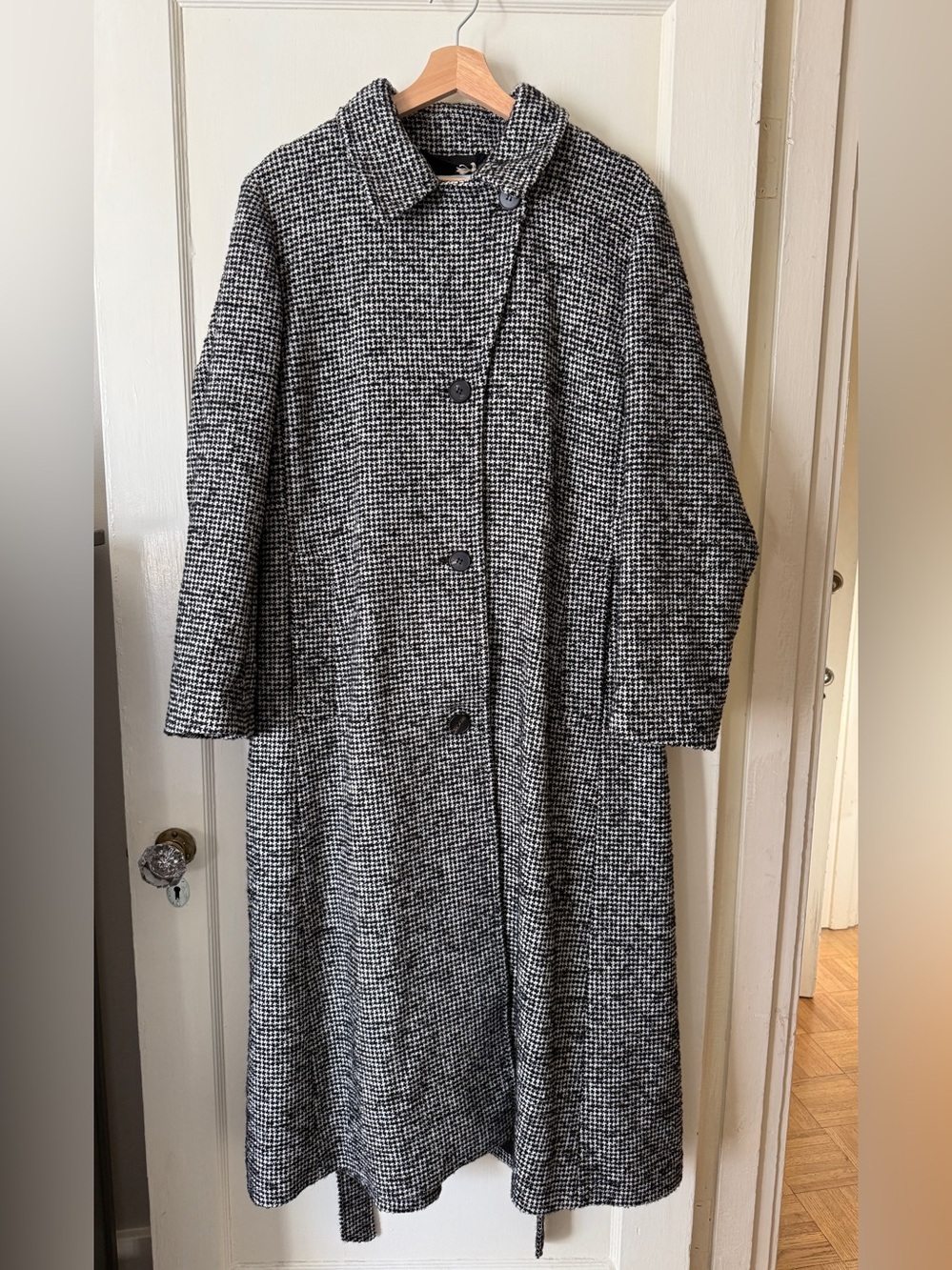 NWT Toast Wool Dogtooth Belted Coat, Black/White, Size 16 UK/12 US